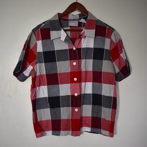 Vintage red and black checkered squares button up summer shirt